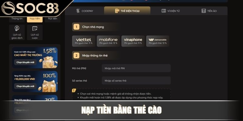 Nạp Tiền Soc88 Nhanh Chóng An Toàn Và Hiệu Quả Nhất 4 Nạp tiền bằng thẻ cào